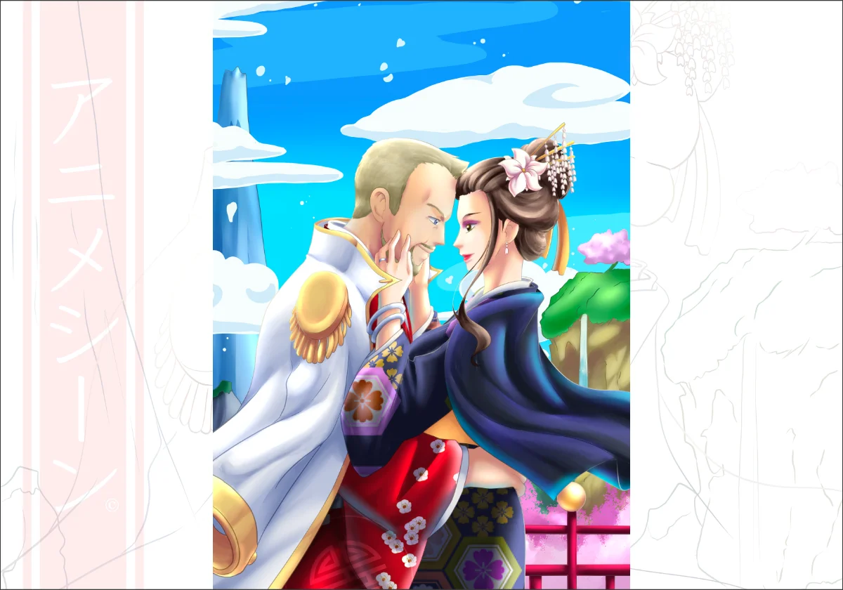 Illustration im One-Piece-Stil: Verlobungspaar als Fahndungsplakat, humorvolle Hommage und Hochzeitsgeschenk