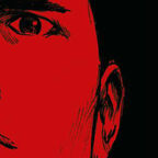 Schwarzer Hintergrund mit dem roten Kopf eines Mannes