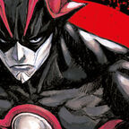 roter Hintergrund Mann im Superheldenanzug schaut böse 