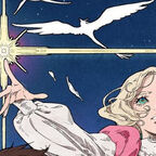 Frau mit blonden Haaren Stern Zaubern weiße Vögel 