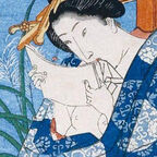 Geischa, japanische Frau ließt einen Brief, alte Zeichnung, blauer Kimono