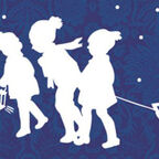 blauer Hintergrund Silhouetten von Kinder mit einem Schlitten