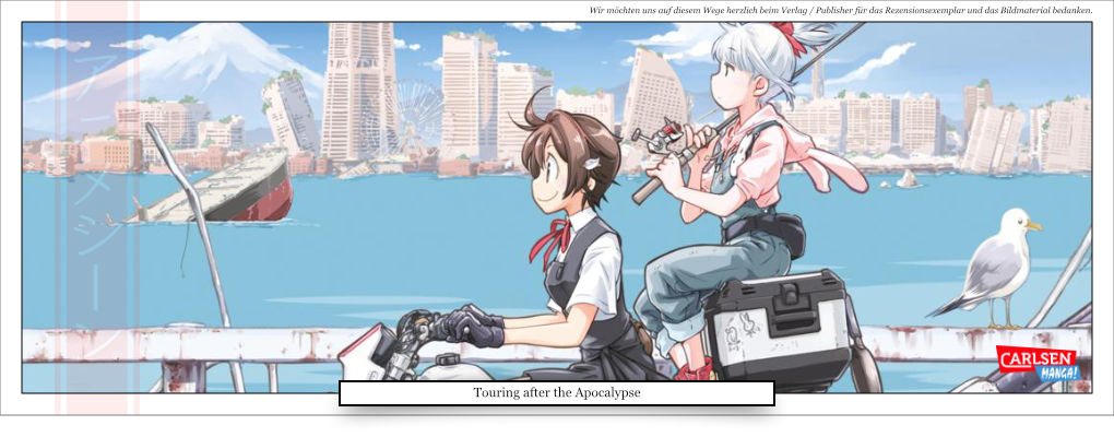 zwei junge Mädchen fahren freudig mit einem Motorrad durch die zerstörte Landschaft, blaues Meer 