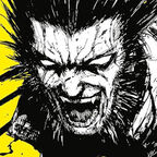 gelber Hintergrund, schwarzweiss Zeichnung von Wolverine 