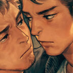 zwei maskuline Männer schauen sich verliebt, erwartungsvoll an 