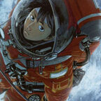 Astronaut im roten Raumanzug schwebend über der Erde 