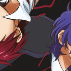 zwei junge Männer, Geschwister lila und rote Haare schauen besorgt 