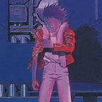 Tetsuo steht verletzt vor einer blauen Wand, Rote Jacke, Junge 