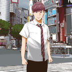 ein Schüler steht in Tokio auf einer Kreuzung. Er ist ganz allein, da keine anderen Menschen auf der Straße sind. 