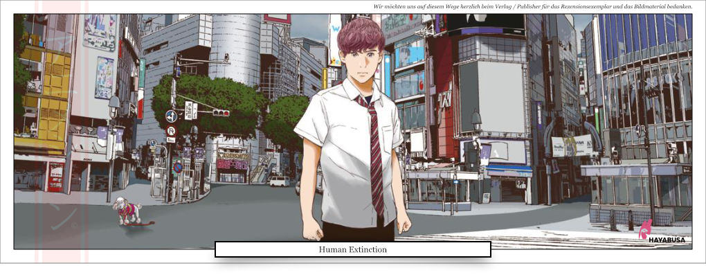 ein Schüler steht in Tokio auf einer Kreuzung. Er ist ganz allein, da keine anderen Menschen auf der Straße sind. 