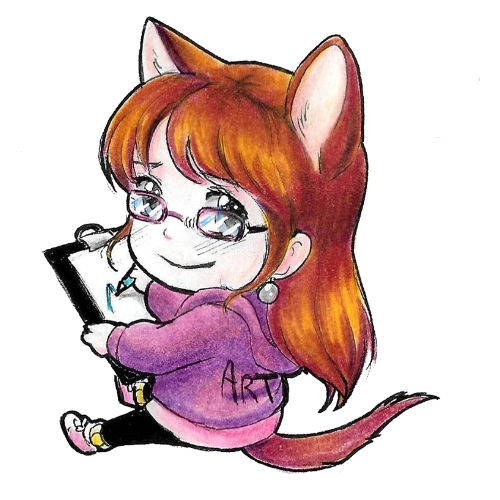 Manda als Chibi gezeichnet, mit rote Haare Fuchsschwanz und Zeichentablet