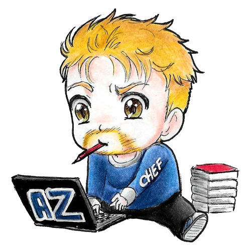 Stefan als Chibi, sitzt am Notebook grübelt, hat einen Stift im Mund und neben ihm liegt ein Stapel Bücher