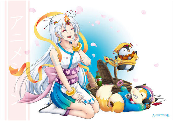 Eigene Zeichnung die Amaterasu Shinto und Hinotori bei einem Picknick darstellt