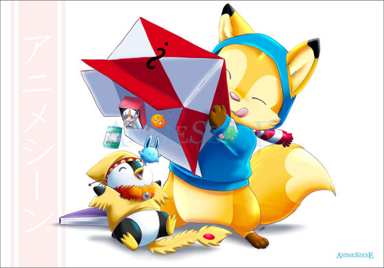 Shinto der Fuchs schuettet eine Box aus, aus der Geschenken und ein Pinguin fallen