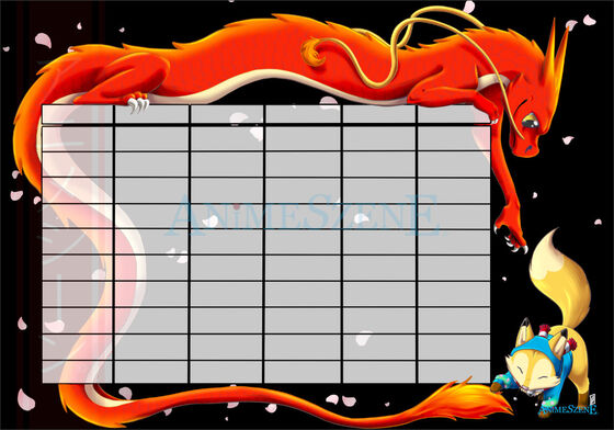 klassischer Stundenplan, der einen Drachen und Shinto den Fuchs zeigt