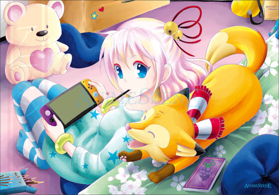 die Goettin Amaterasu spielt in ihrem Zimmer Konsole 