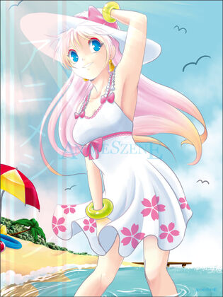 junge Frau im weissen Kleid mit Bluemchen am Strand