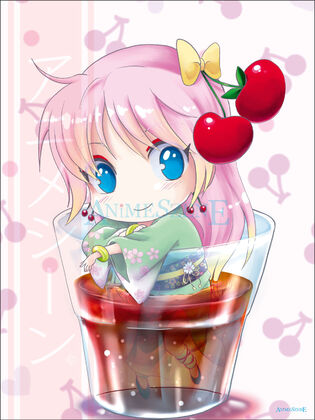 Amaterasu die Goettin ais Chibizeichnung im Colaglas mit Kirschen im Haar