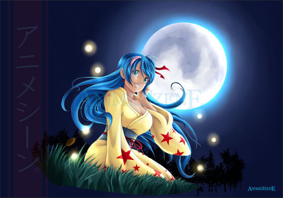 gezeigt wird eine junge Frau mit langen blauen Haaren mit blauem Hintergrund und Vollmond