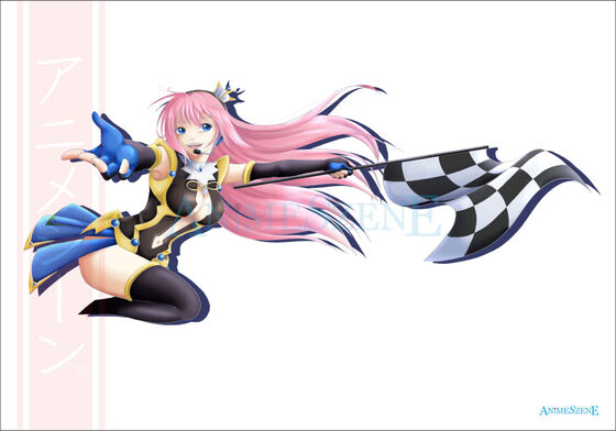 Bild vom Kundenauftrag Es wird der virtuelle Star Migurine Luka gezeigt, im Rennoutfit mit Zielflagge