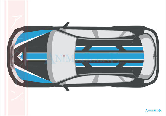 Bild vom Kundenauftrag Es wird das Auto von oben gezeigt, mit Rennstreifen in blau