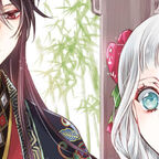 junger Mann in alter japanischer Kleidung mit langen Haaren, lächelndes Mädchen mit weißen Haaren und einer Blume im Haar