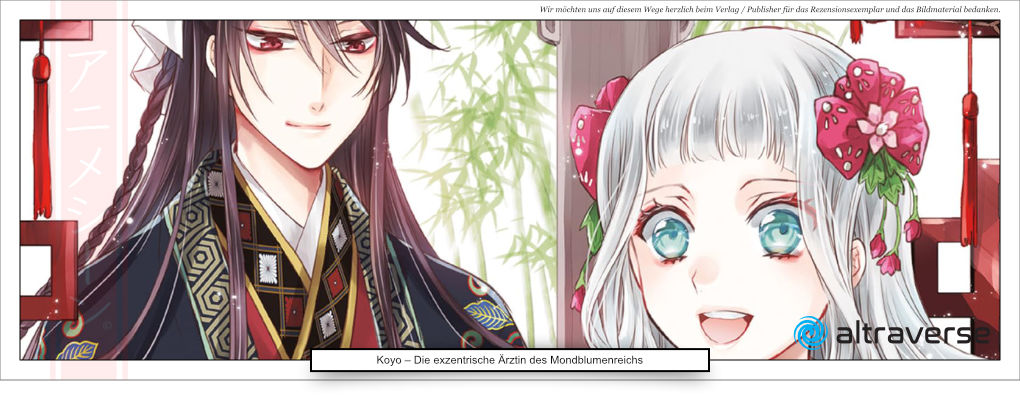 junger Mann in alter japanischer Kleidung mit langen Haaren, lächelndes Mädchen mit weißen Haaren und einer Blume im Haar