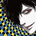 blau gelb schwarz kariert junger Mann mit roten Augen und weißer Haut schwarze Haare 