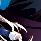 Kriegerin mit lange blonden Haaren, junger Mann in schwarzer Robe mit roten Augen 