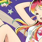 junge Frau in erotischer Pose mit langen Regenbogenfarbene Haare 