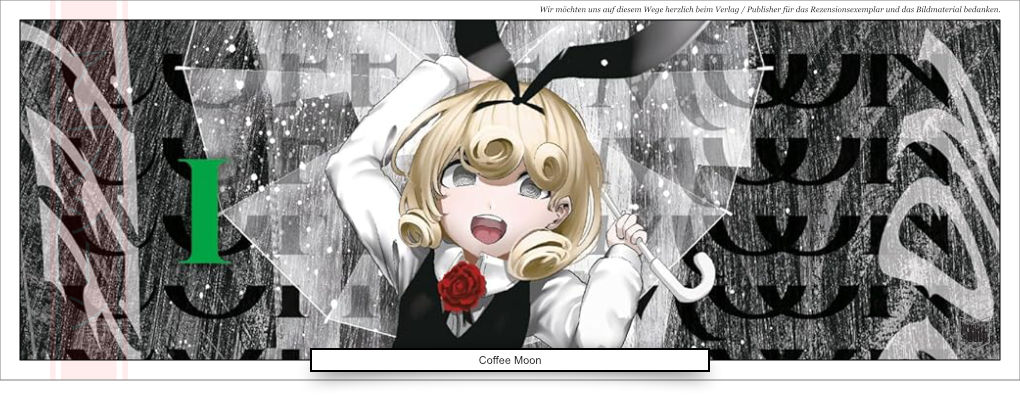 Ein Mädchen in Schuluniform mit schwarzen Ohren und einem transparenten Regenschirm. 