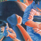 Roboter, junge Frau und stämmiger Mann mit Waffe in einem Kampf verwickelt.