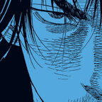 Tuschezeichnung eines Samuraikriegers mit finsterem Blick 