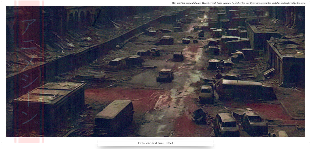 Endzeitszenario von Dresden Apokalypse zerstörte Straße defekte Autos Blut 