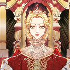 Eine junge, schöne Frau sitzt in einem roten Kleid auf einem Thron. 