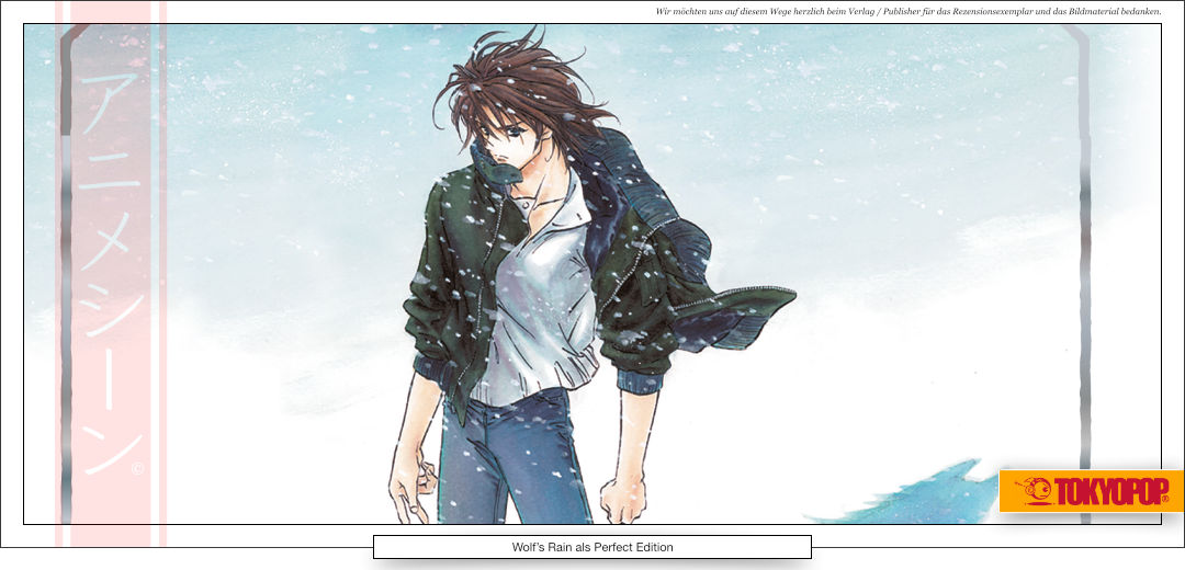 Ein junger Mann steht im Schnee, mit offener Jacke, mit Jeanshose. Ein Wolf als Schatten. 