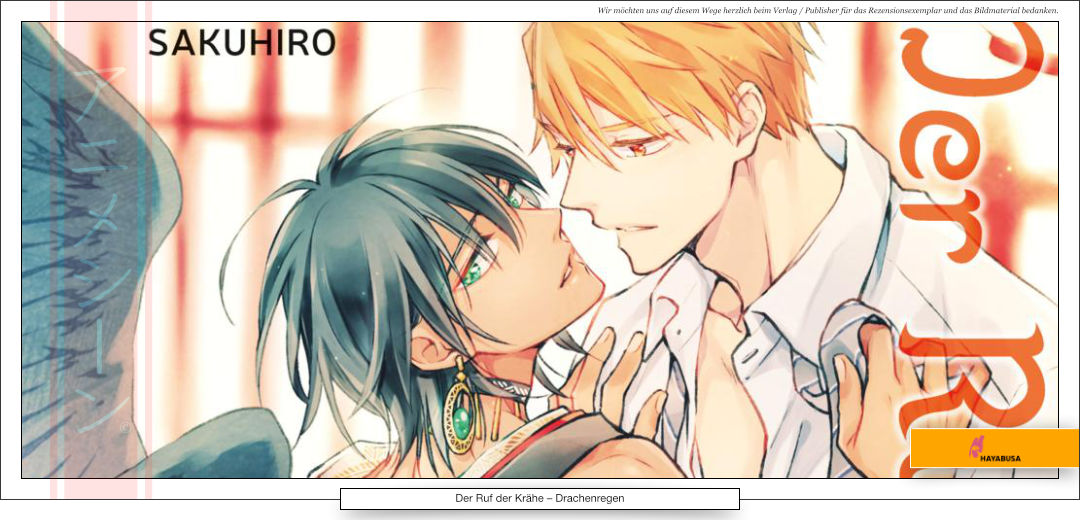 Ein junger Mann mit blonden Haaren, der einen anderen jungen Mann mit schwarzen Flügeln anschaut. 