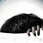 Ein Kopf und die linke Hand kommen aus einem Auge. 