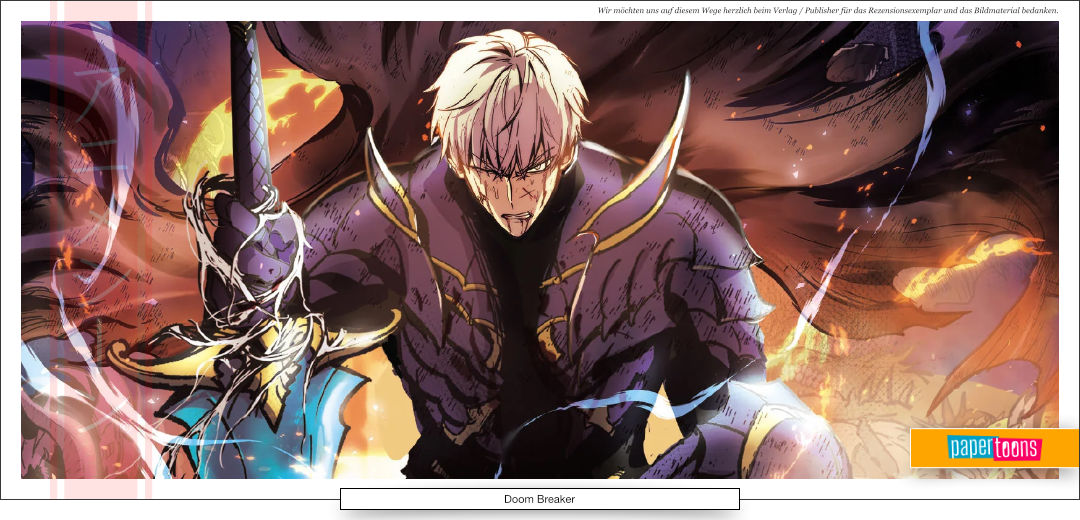 Feuer, Flammen, ein junger Mann, kniet mit seinem Schwert schwer verletzt.