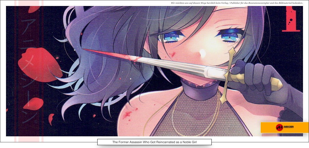 Eine junge Frau, Assassine, trägt ein schwarzes Abendkleid und hält ein blutverschmiertes Messer vor ihr Gesicht. Ihr blaues Haar weht im Wind.