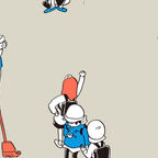 Einfache gezeichnete Figuren vor beigem Hintergrund. 