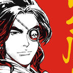 Ein junger Mann mit kämpferischem Blick, einer Augenklappe mit Totenkopf und langen, wilden, schwarzen Haaren.