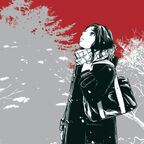 Auf dem Cover sieht man einen roten Himmel, schwarz-weiße Bäume und ein junges Mädchen, das in den Himmel blickt. 