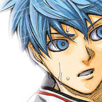 Ein Basketballspieler mit blauen Haaren, der sich anstrengt und schwitzt. 