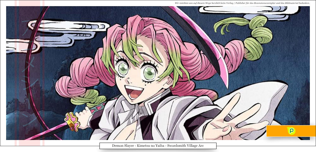 Eine junge Frau mit rosa geflochtenen Haaren kämpft mit einem Schwert und ist dabei sehr glücklich.