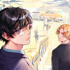 Zwei Teenager gehen eine Treppe hinunter. Der vordere Teenager schaut den hinteren an, was diesen verlegen macht.