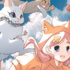 Ein junges Mädchen mit drei Katzen springt unter einem Himmel mit blauen Wolken und weißen Wolken.