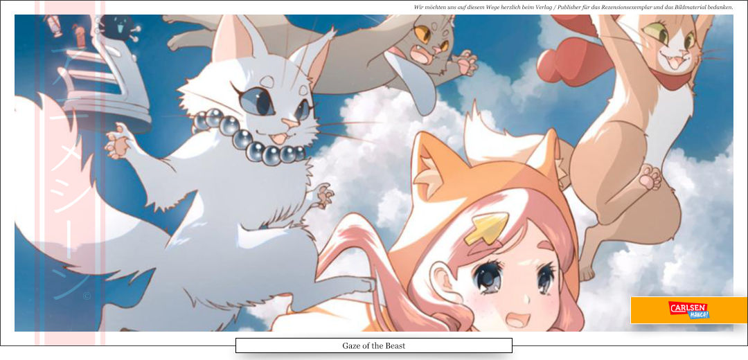 Ein junges Mädchen mit drei Katzen springt unter einem Himmel mit blauen Wolken und weißen Wolken.