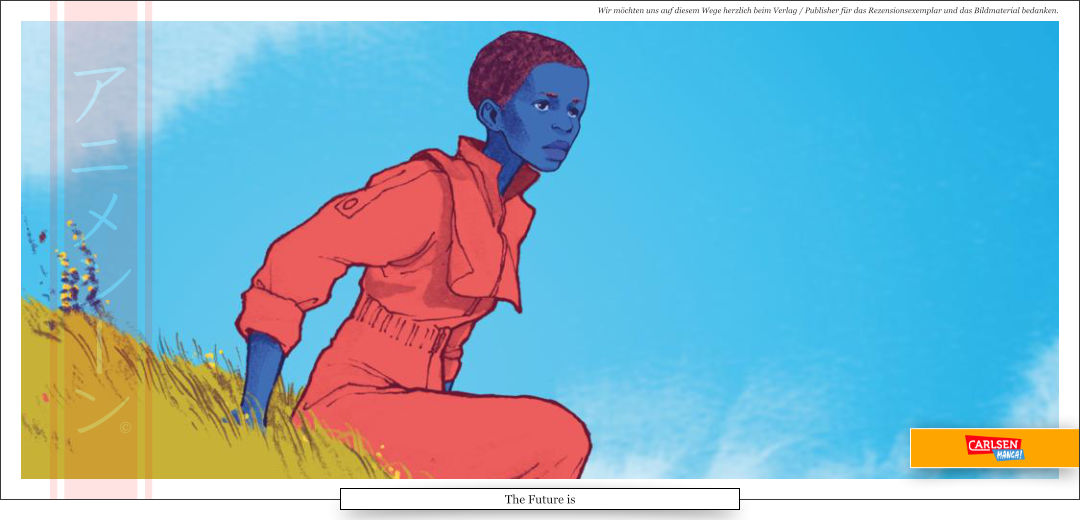 Eine junge Frau mit blauer Haut und orangem Overall sitzt auf einem Hügel und schaut in die Ferne. 