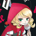 Das Bild zeigt ein Mädchen mit einem roten Umhang und einer Puppe in der Hand. Es ist eine moderne Interpretation von Rotkäppchen. 